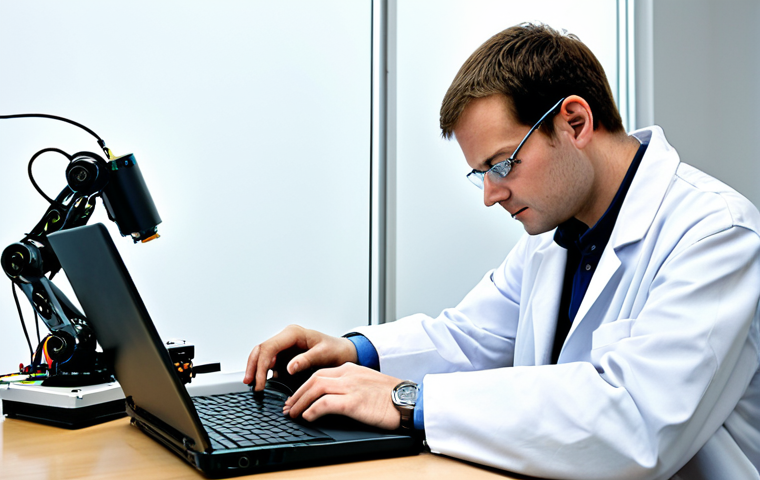 A professional robot engineer, fully clothed in a modest lab coat and appropriate attire, meticulously debugging code on a laptop while observing a small mobile robot on a workbench. The lab is modern and organized, with various electronic components, wires, and tools visible, emphasizing practical problem-solving and interdisciplinary skills. Perfect anatomy, correct proportions, well-formed hands, natural body proportions, natural pose, professional photography, high quality, safe for work, appropriate content, family-friendly.