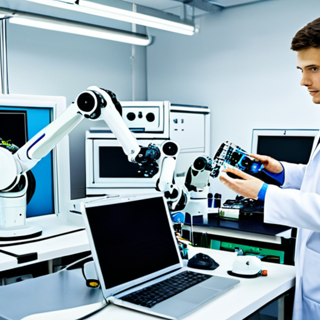 로봇기술사와 다관절 로봇 설계 - Robotics Lab Environment**

"A brightly lit robotics laboratory, featuring a fully clothed engineer ...