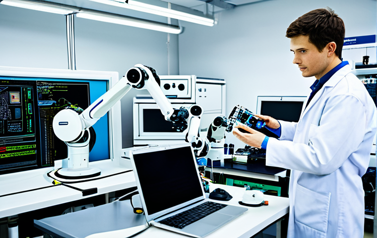 로봇기술사와 다관절 로봇 설계 - Robotics Lab Environment**

"A brightly lit robotics laboratory, featuring a fully clothed engineer ...