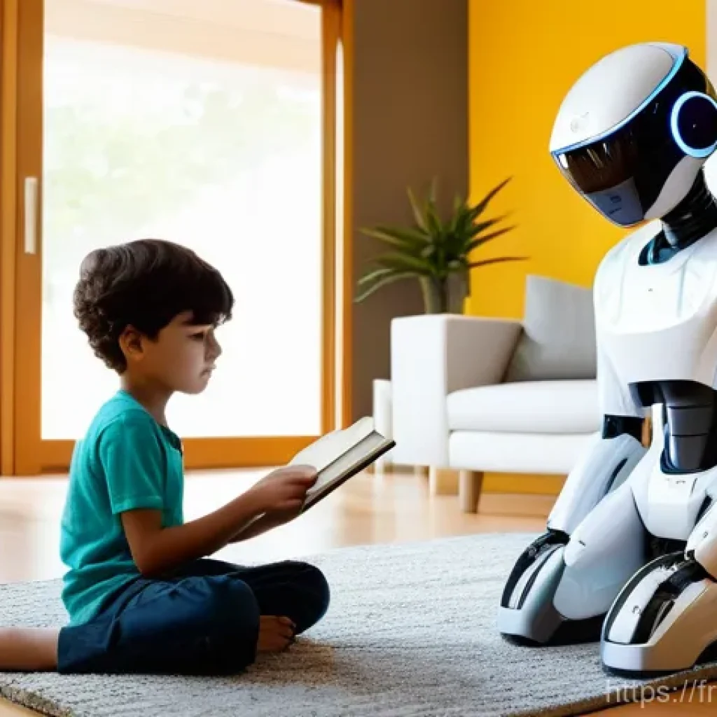 로봇기술사와 로봇 윤리 이슈 - **Prompt:** A vibrant, futuristic living room bathed in warm, natural light from large windows. A di...