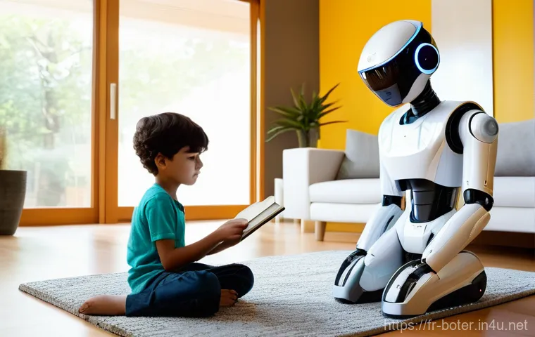 로봇기술사와 로봇 윤리 이슈 - **Prompt:** A vibrant, futuristic living room bathed in warm, natural light from large windows. A di...