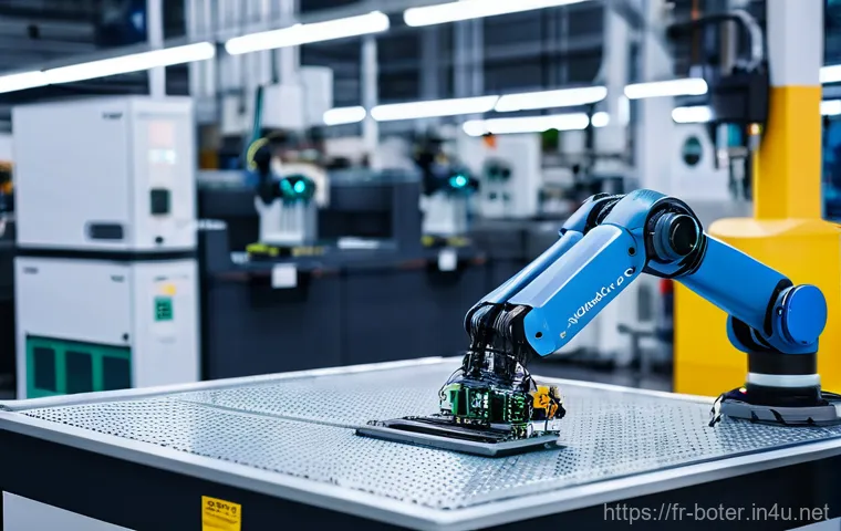 로봇기술사와 전기전자 기초 이론 - **A detailed shot of a modern, brightly lit factory floor in France.** In the foreground, a skilled ...