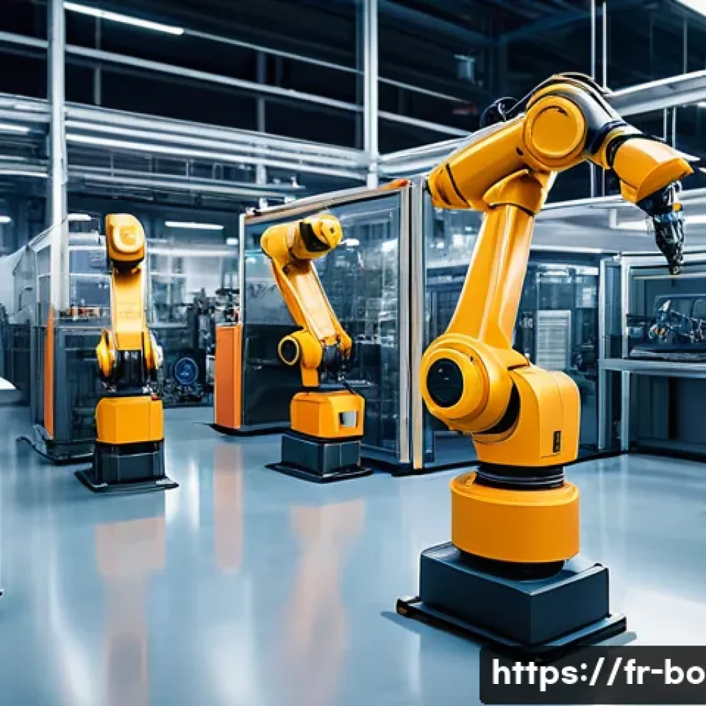 로봇기술사 취득 후 진로 - A futuristic industrial factory scene featuring advanced collaborative robots (cobots) working along...