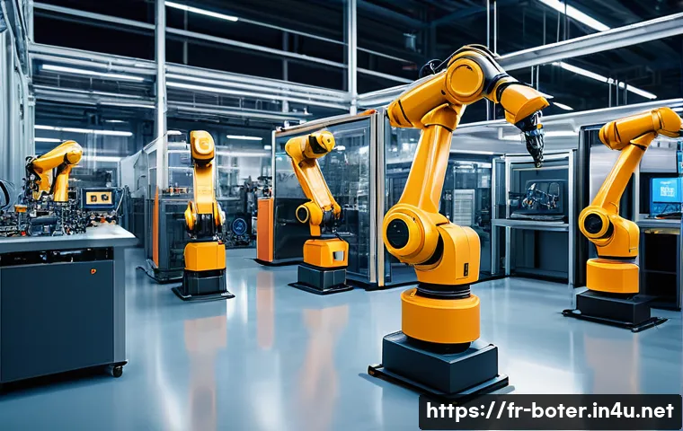 로봇기술사 취득 후 진로 - A futuristic industrial factory scene featuring advanced collaborative robots (cobots) working along...