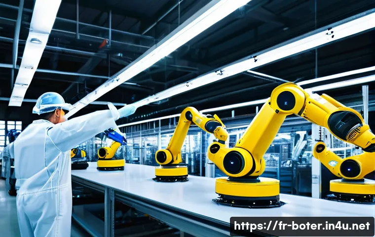로봇기술사와 로봇 공정 문제 해결 - A modern automotive assembly line featuring advanced collaborative robots (cobots) working alongside...