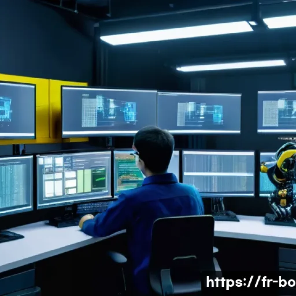 로봇기술사 실기 시험 문제 유형 - A detailed industrial robotics programming scene showing a young technician wearing safety glasses a...