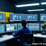 로봇기술사 실기 시험 문제 유형 - A detailed industrial robotics programming scene showing a young technician wearing safety glasses a...