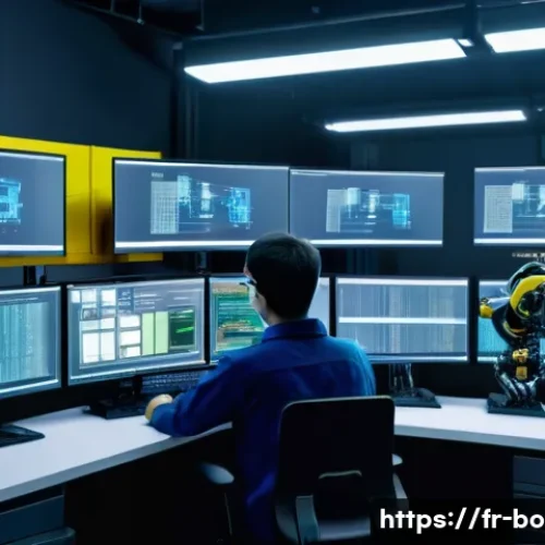 로봇기술사 실기 시험 문제 유형 - A detailed industrial robotics programming scene showing a young technician wearing safety glasses a...