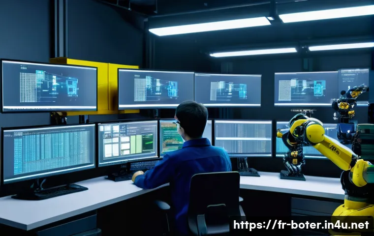 로봇기술사 실기 시험 문제 유형 - A detailed industrial robotics programming scene showing a young technician wearing safety glasses a...