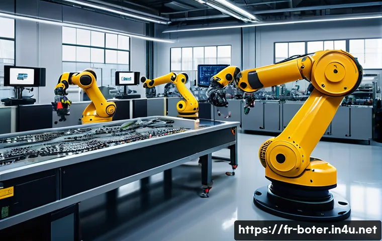 로봇기술사 자격증으로 할 수 있는 일 - A modern industrial factory floor showcasing collaborative robots working alongside diverse engineer...