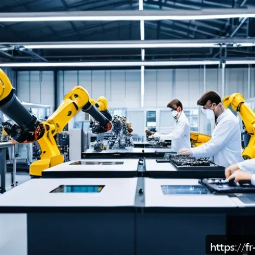 Home 26 로봇기술사 공부 계획 세우기 - A detailed industrial robotics workshop scene set in a modern French factory, showing a diverse grou...