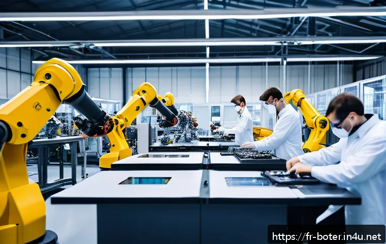 로봇기술사 공부 계획 세우기 - A detailed industrial robotics workshop scene set in a modern French factory, showing a diverse grou...