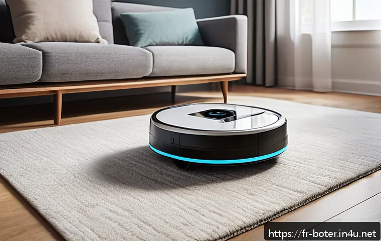 로봇기술사와 로봇 청소기 기술 - A sleek, modern French living room featuring a state-of-the-art robotic vacuum cleaner with LiDAR se...