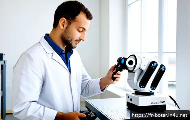 Home 17 로봇기술사와 센서 기술 활용 - Photorealistic robotics engineer in a modern French industrial automation laboratory, carefully cali...